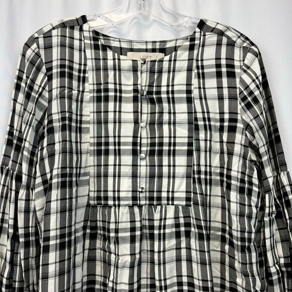 Loft Womens Babydoll Top Black Ivory Plaid Long Sleeve Puff Pleated Button S - Picture 5 of 11